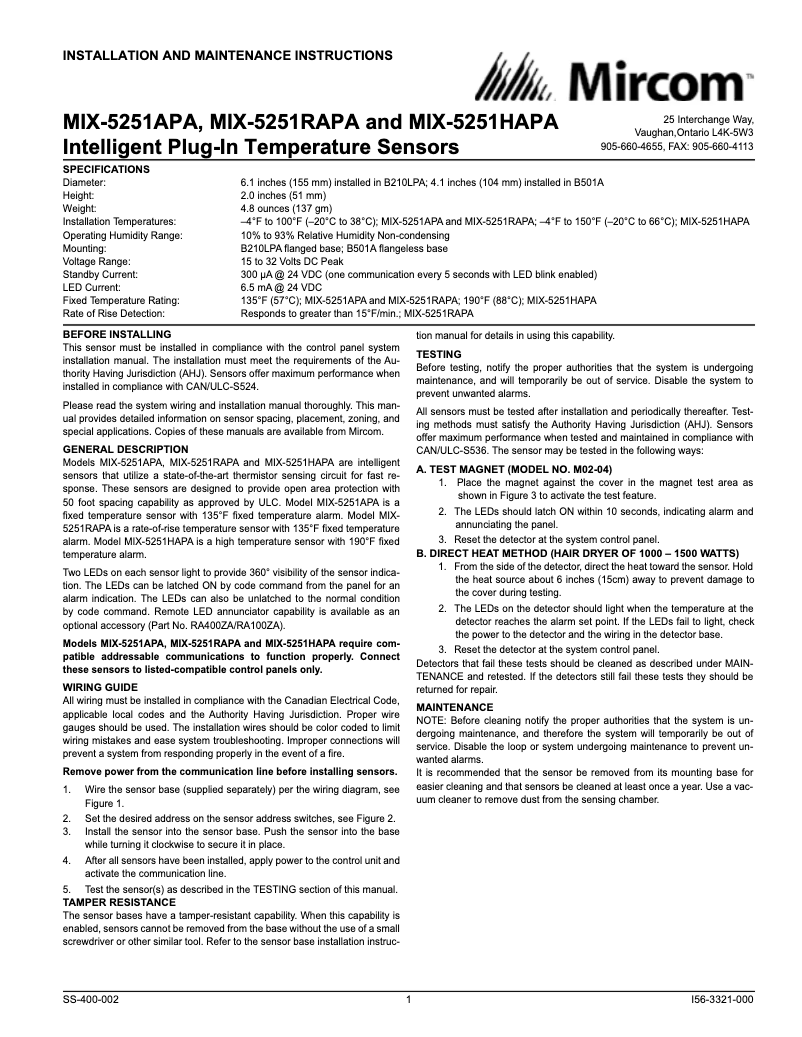 Page n°1 - Manuel utilisateur Mircom MIX-5251APA