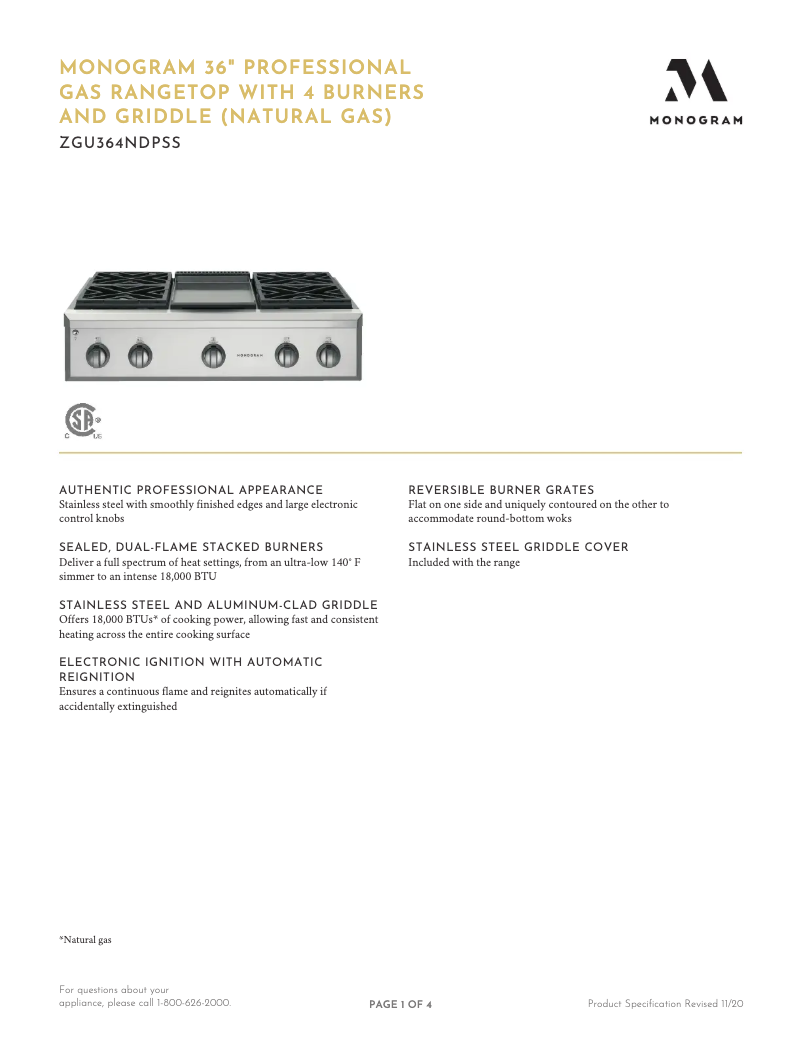 Page n°1 - Fiche technique GE ZGU364LDPSS