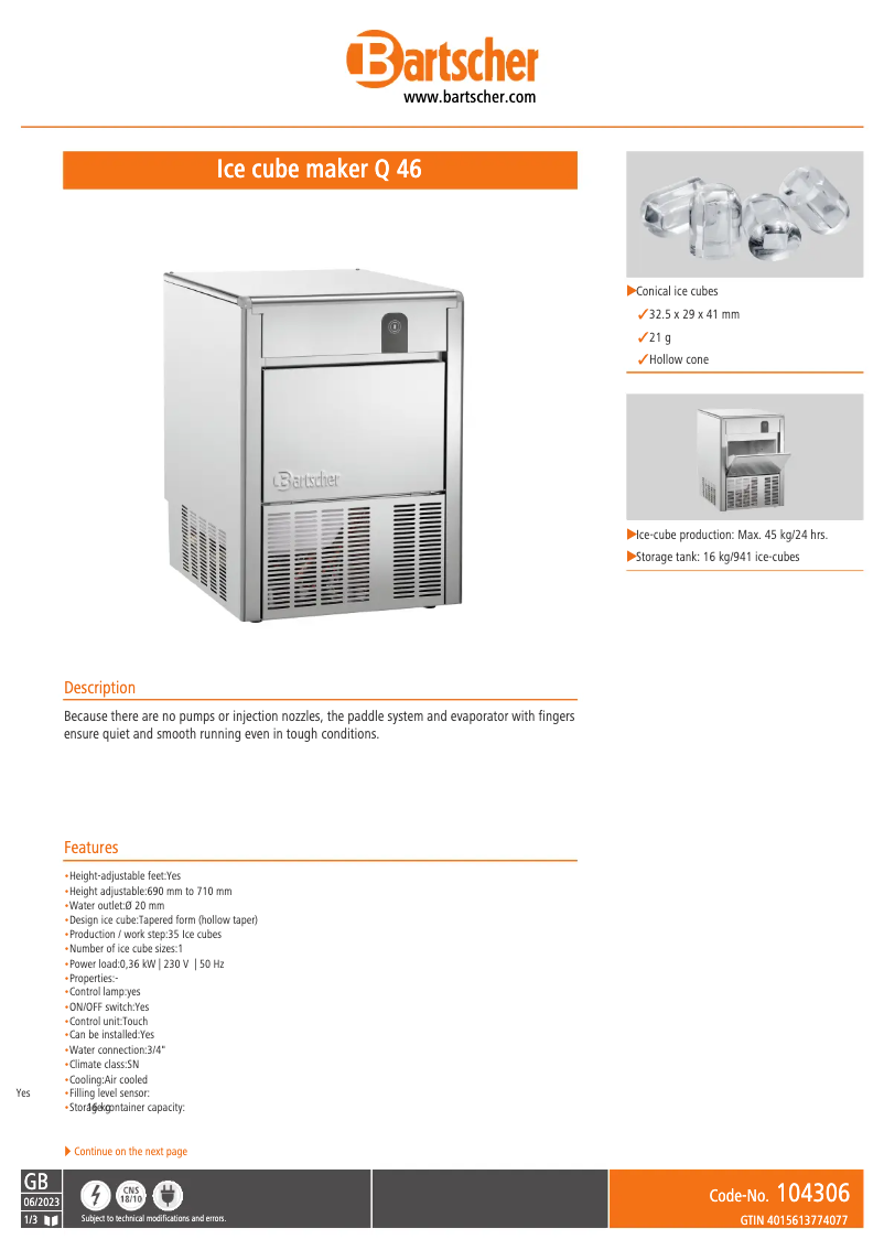 Page 1 de la notice Fiche technique Bartscher Q 46 104306