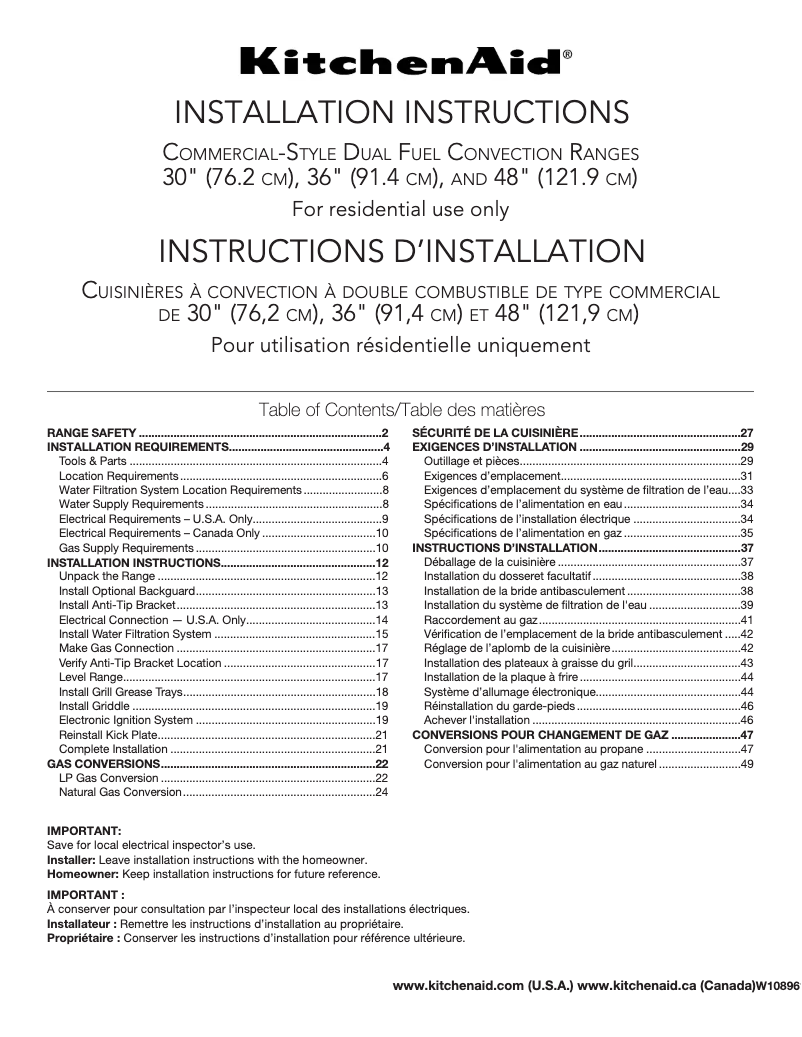 Page n°1 - Guide d'installation KitchenAid KDRS483VSS