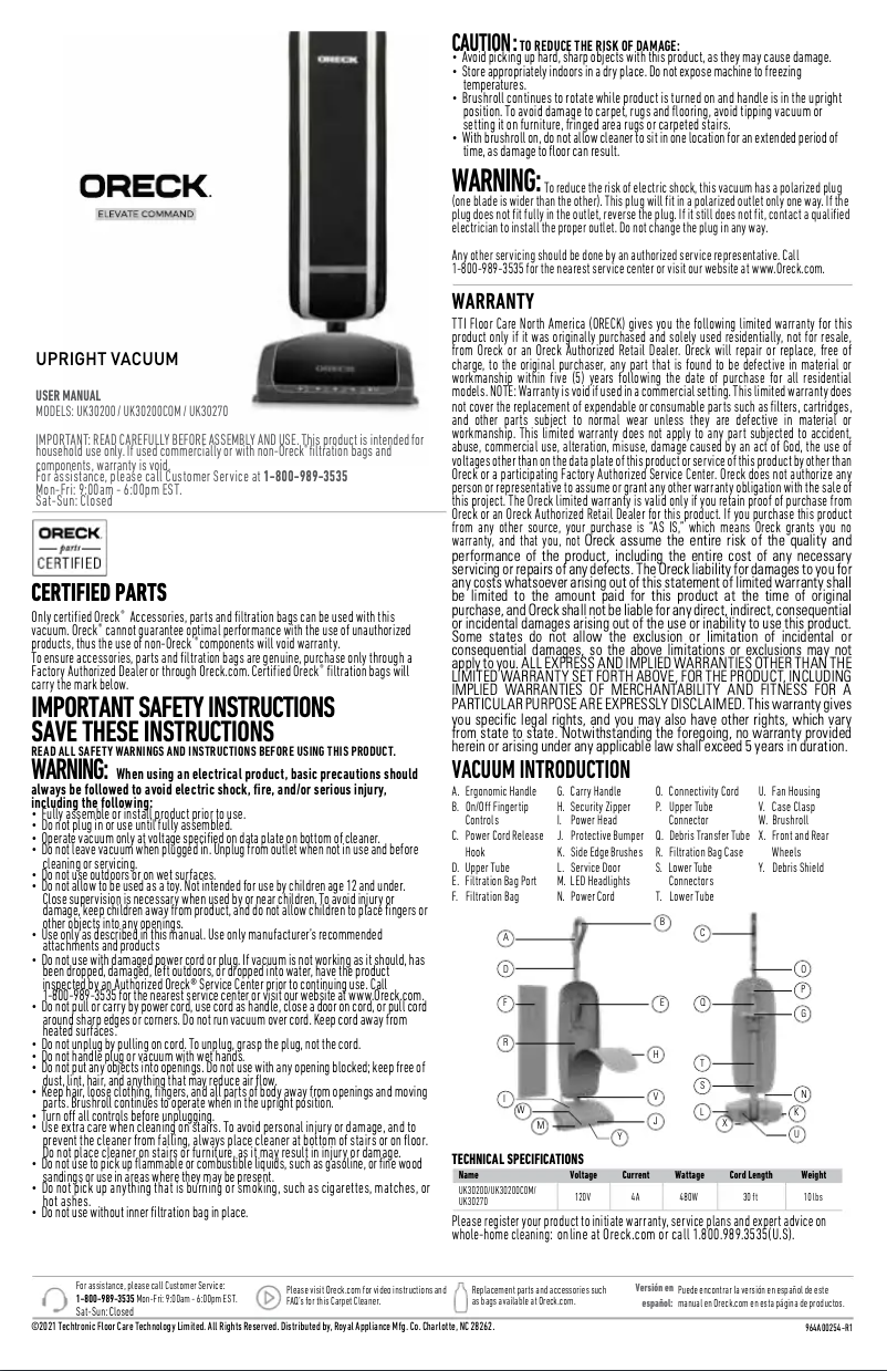 Page 1 de la notice Manuel utilisateur Oreck Elevate Command UK30200PC