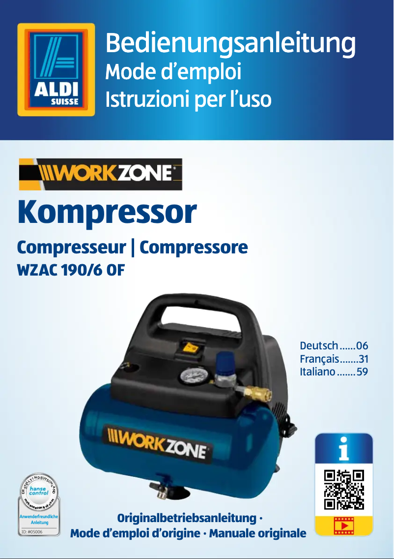 Page n°1 - Manuel utilisateur Workzone WZAC 190/6 OF