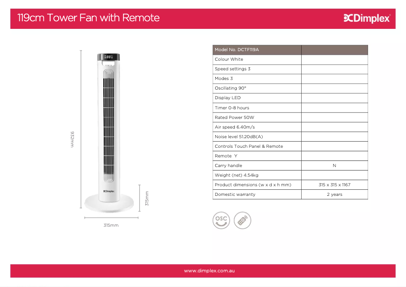 Page 1 de la notice Fiche technique Dimplex DCTF119A