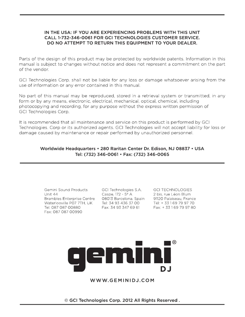 Page 1 de la notice Manuel utilisateur Gemini CDJ-300