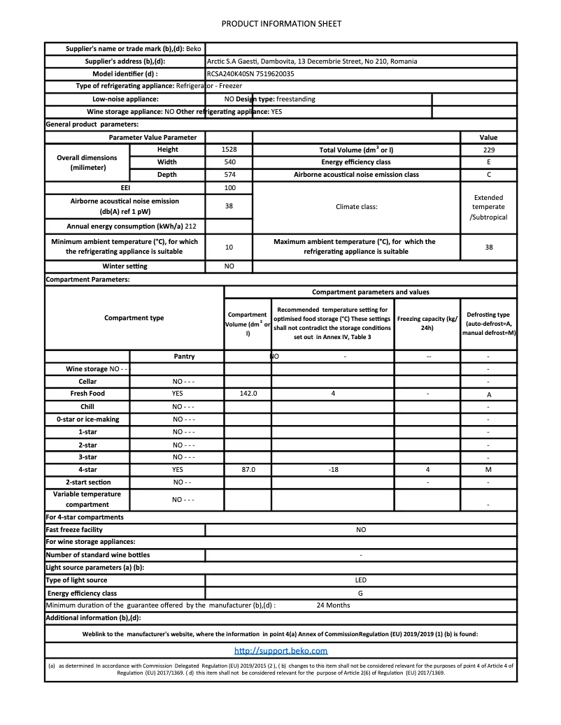 Page 1 de la notice Fiche technique Beko RCSA240K40SN