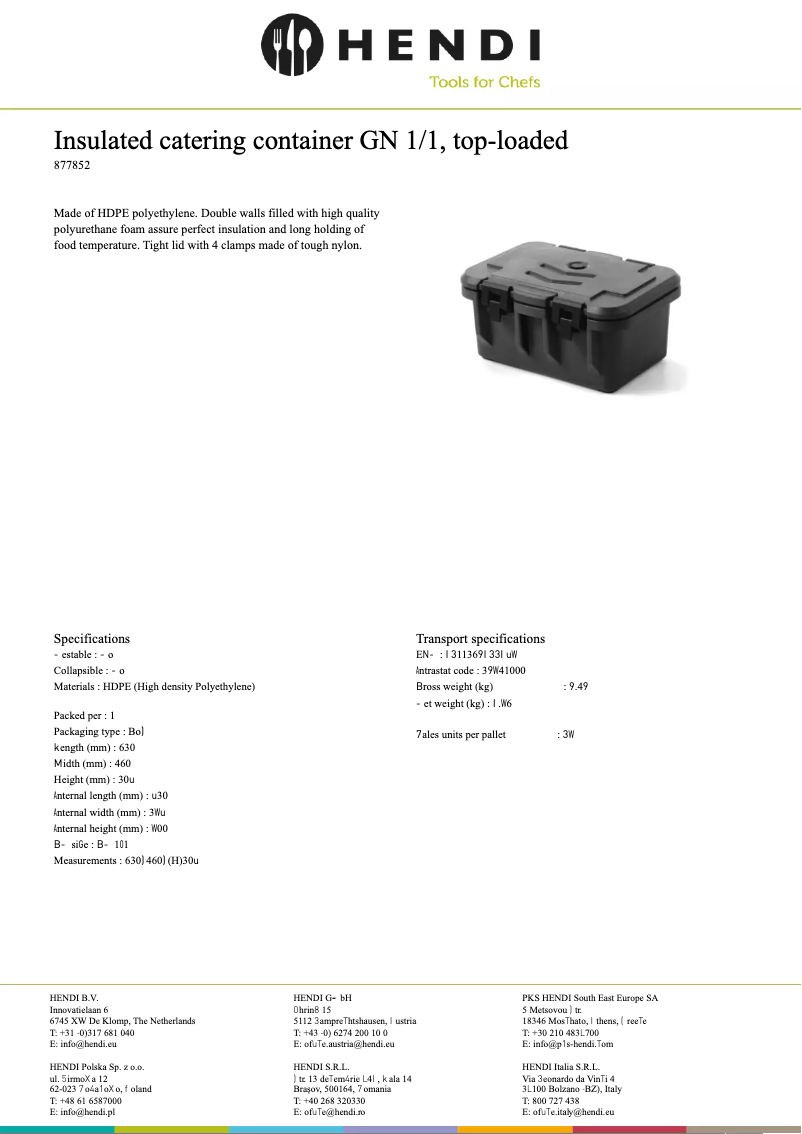 Page 1 de la notice Fiche technique Hendi 877852
