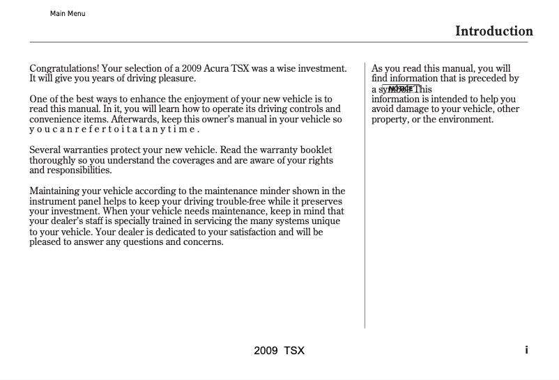 Page n°1 - Manuel utilisateur Acura TSX (2009)