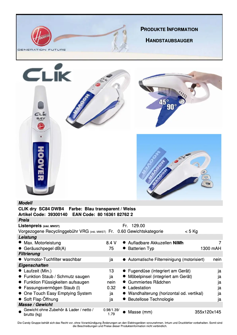 Page 1 de la notice Manuel utilisateur Hoover SC84 DWB4