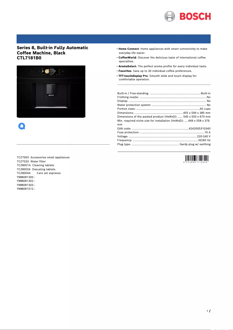 Página 1 del manual Ficha técnica Bosch CTL7181B0