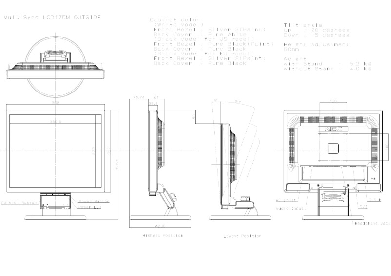 Page 1 de la notice Dessin technique NEC MultiSync LCD175M