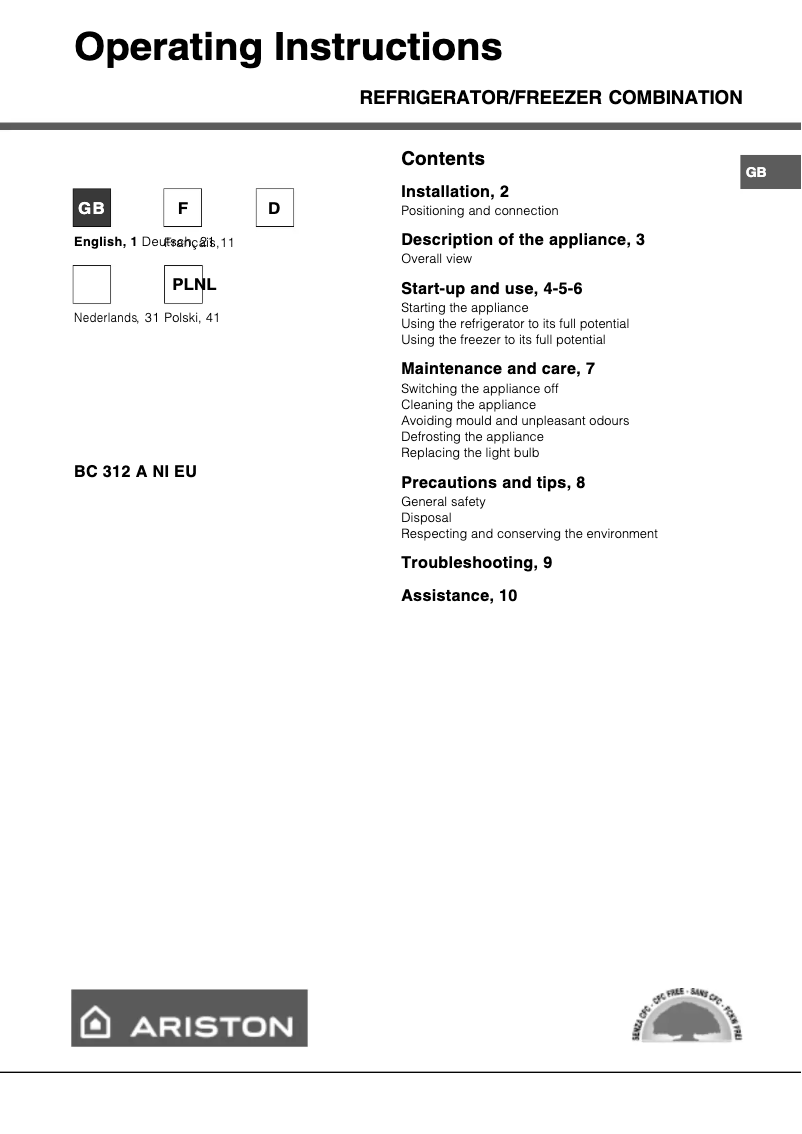 Page n°1 - Manuel utilisateur Hotpoint Ariston BC 312 AN/I