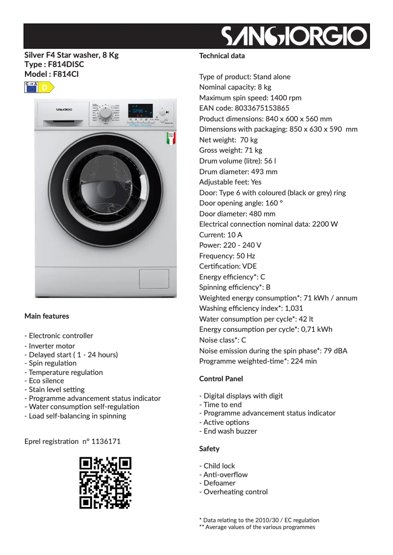 Page 1 de la notice Fiche technique SanGiorgio F814DISC