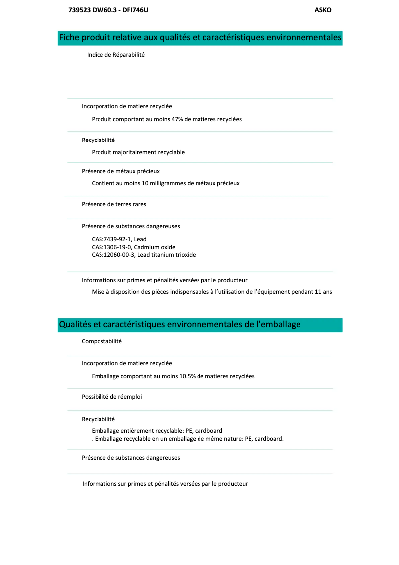 Page n°1 - Fiche technique Asko DFI746U