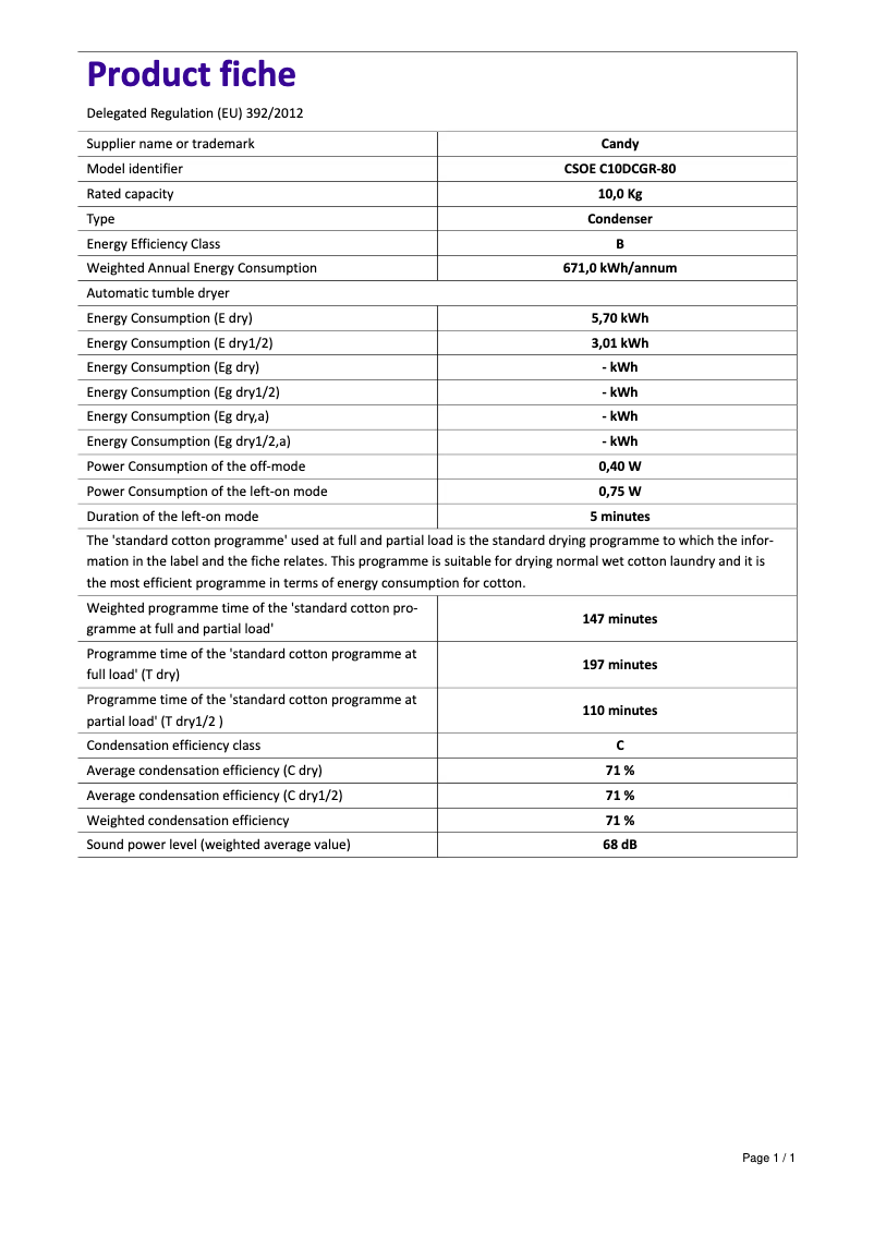 Page n°1 - Fiche technique Candy CSOE C10DCGR-80
