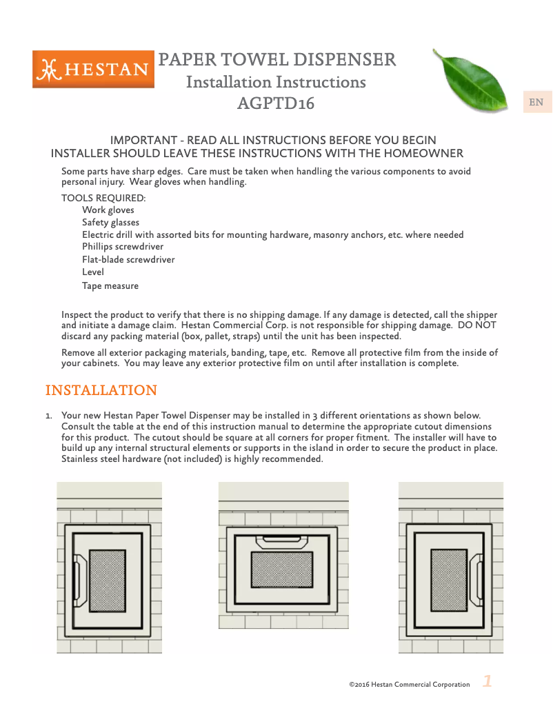 Page 1 de la notice Guide d'installation Hestan AGPTD16