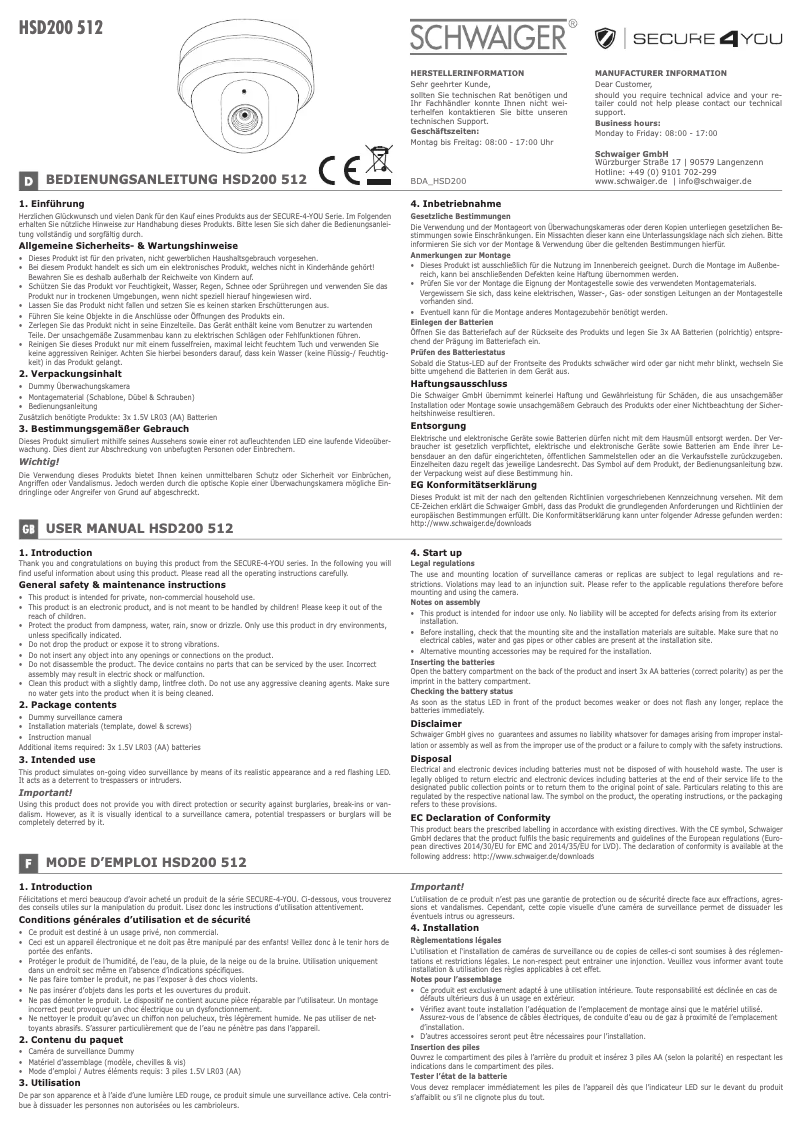 Page 1 de la notice Manuel utilisateur Schwaiger HSD200 512