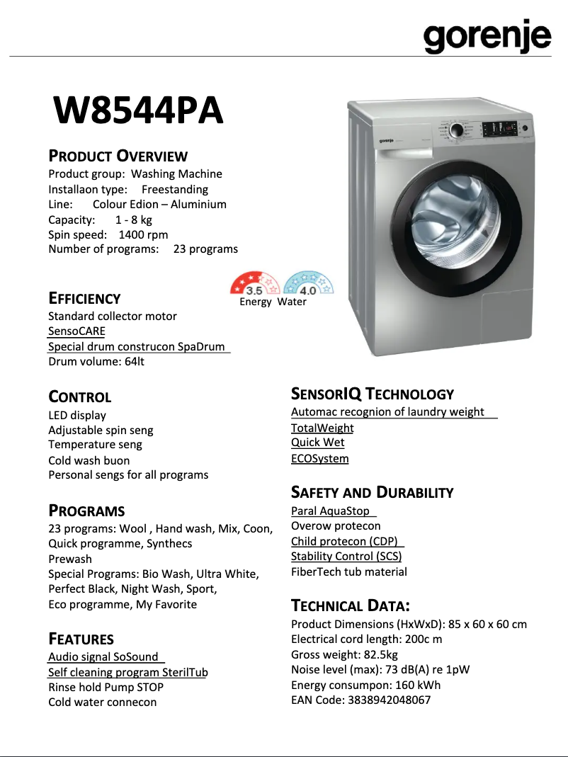 Page n°1 - Fiche technique Gorenje W8544PA