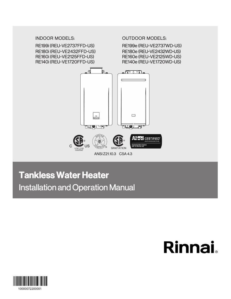 Page 1 de la notice Guide d'installation Rinnai RE160eN