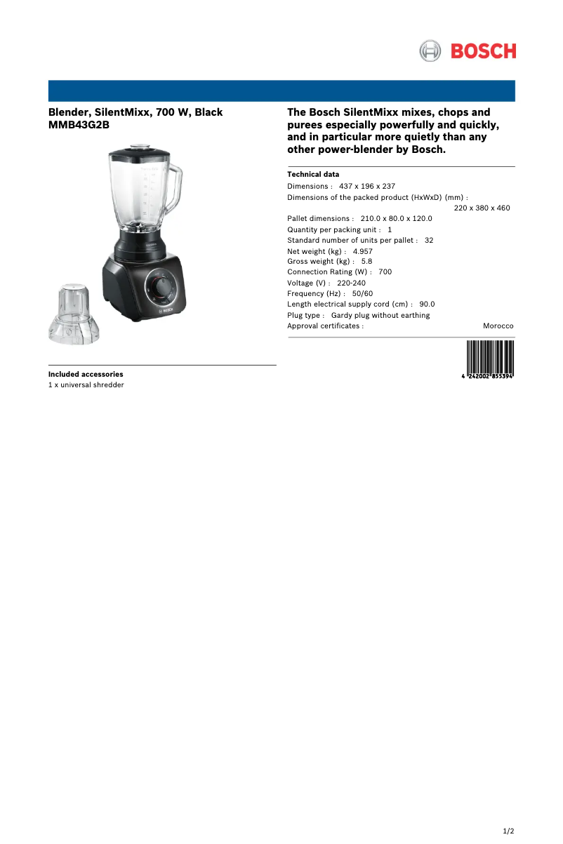 Page 1 de la notice Fiche technique Bosch MMB43G2B
