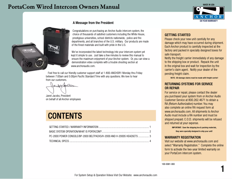 Page n°1 - Manuel utilisateur Anchor Audio COM-40FC/1D3S