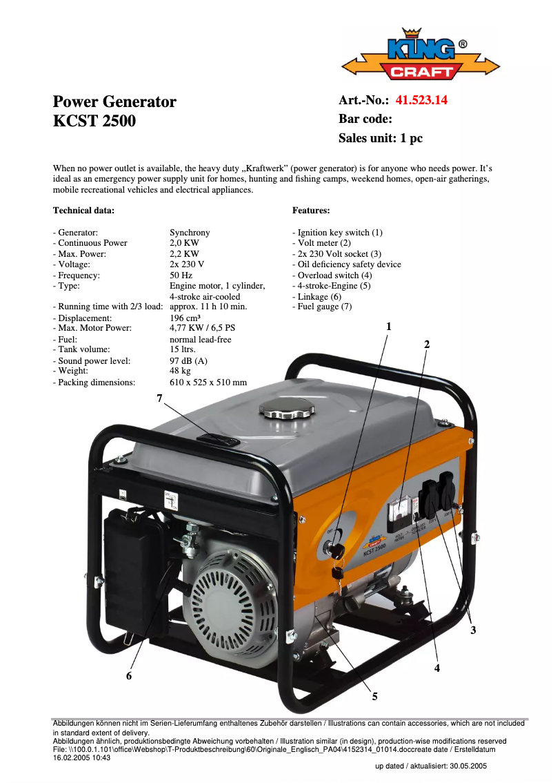 Page n°1 - Manuel utilisateur King Craft KCST 2500