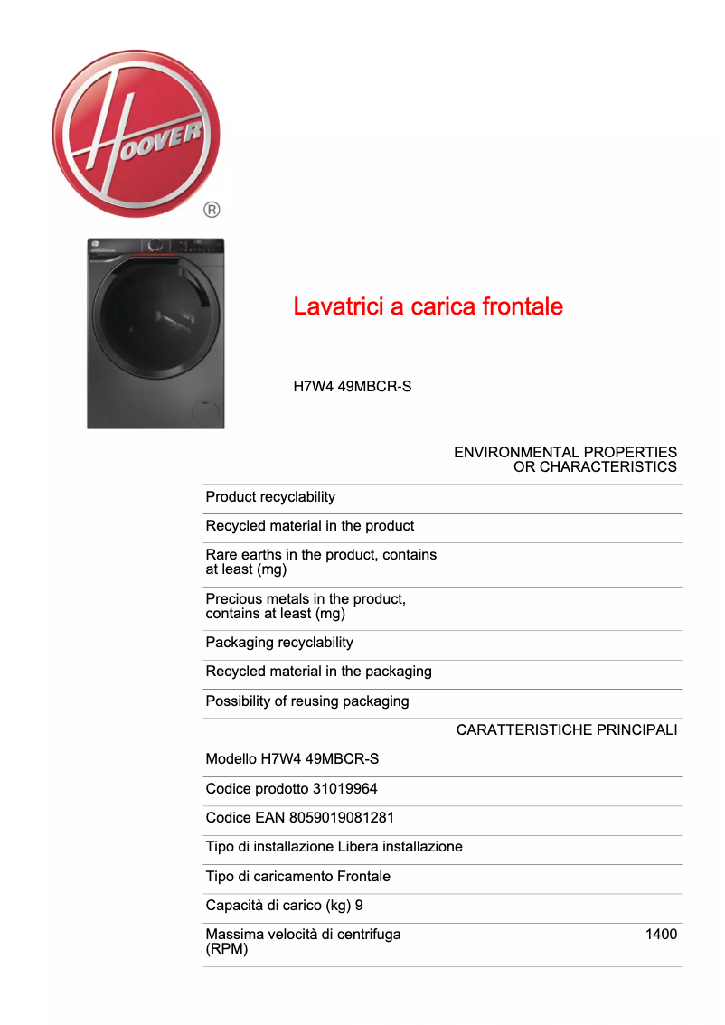 Page 1 de la notice Fiche technique Hoover H7W4 49MBCR-S