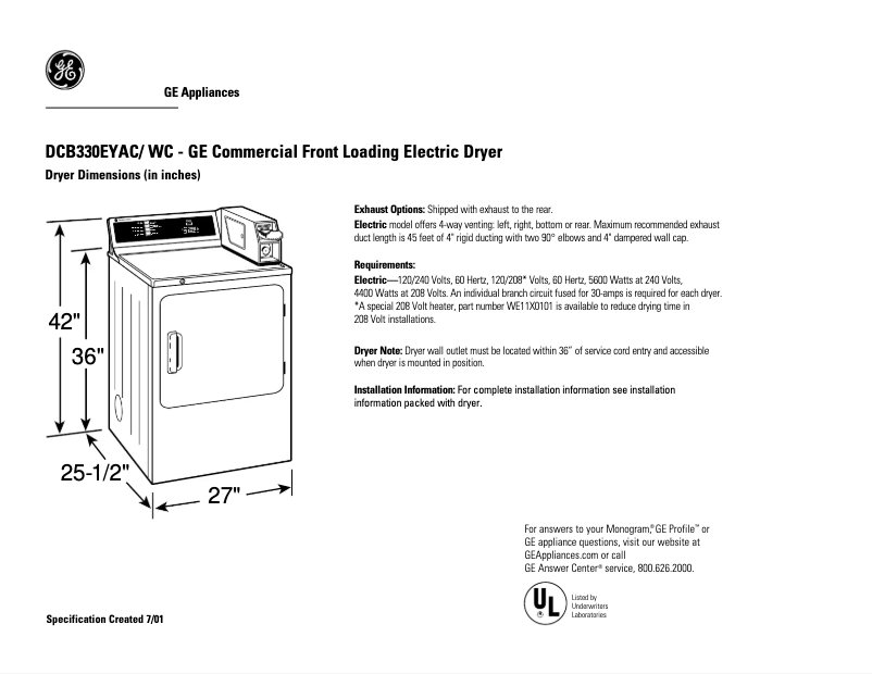 Page 1 de la notice Fiche technique GE DCB330EYAC