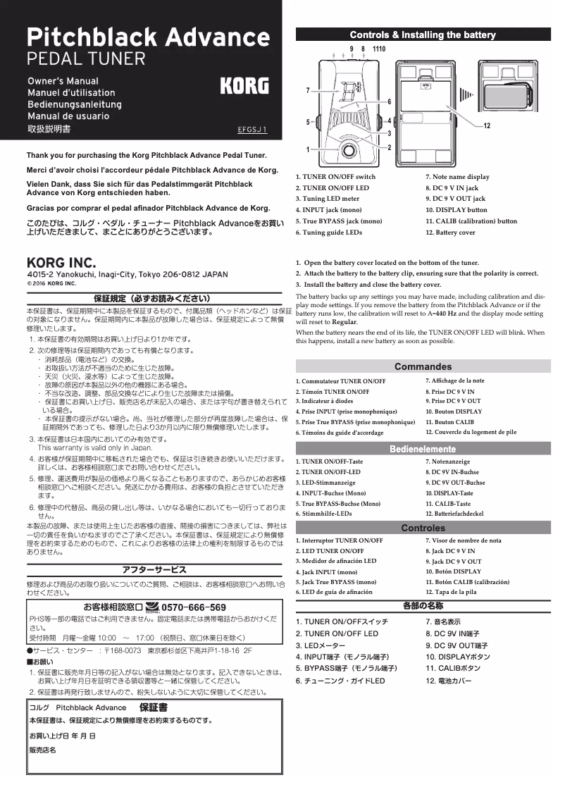 Page 1 de la notice Manuel utilisateur Korg Pitchblack Advance
