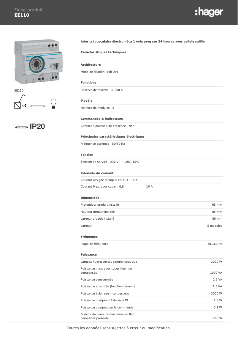 Page n°1 - Fiche technique Hager EE110