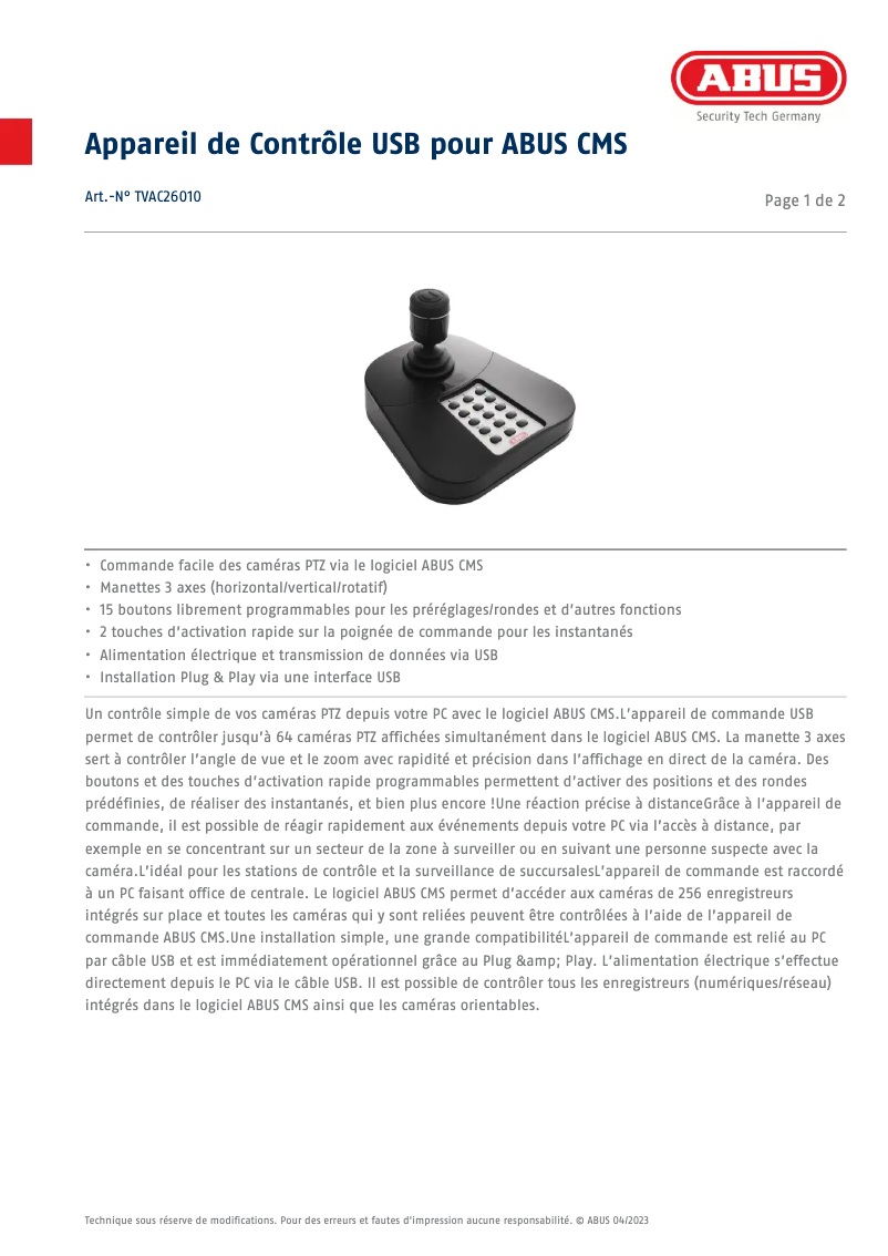Page 1 de la notice Fiche technique Abus TVAC26010