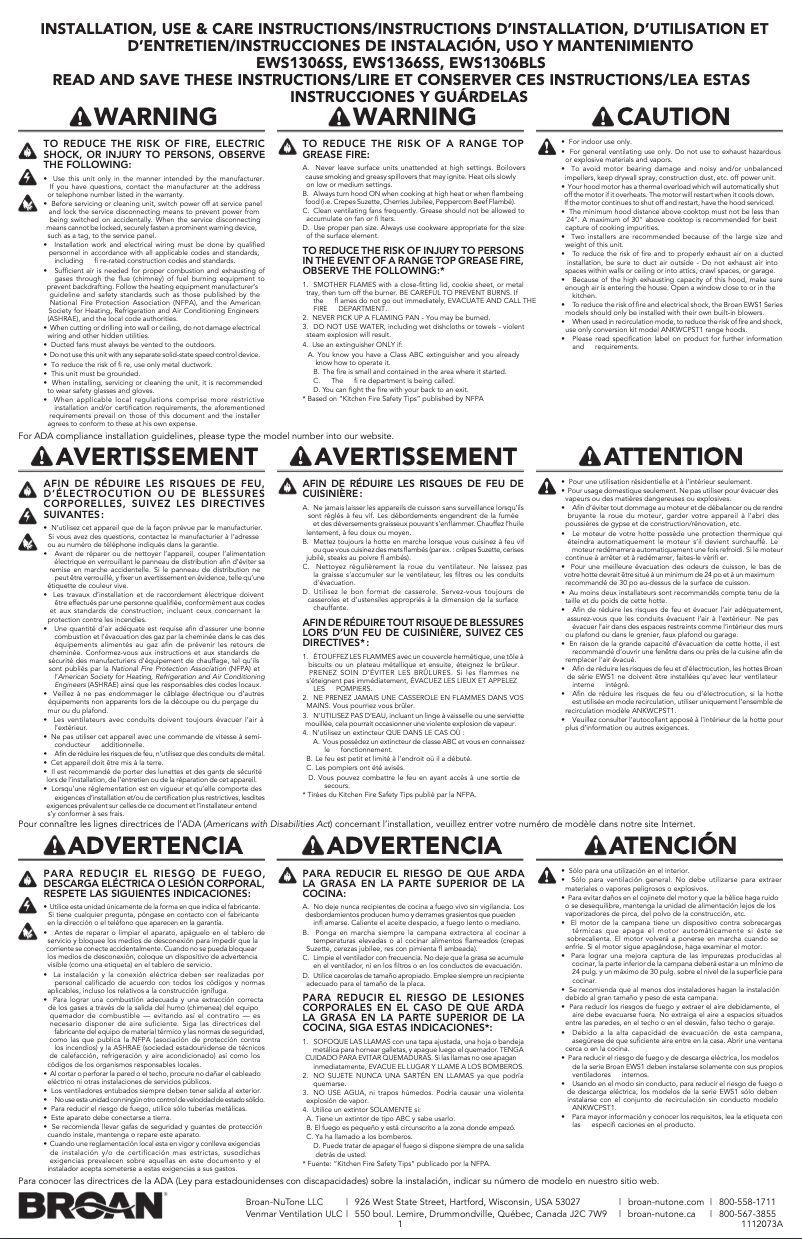 Page 1 de la notice Guide d'installation Broan EWS1306BLS