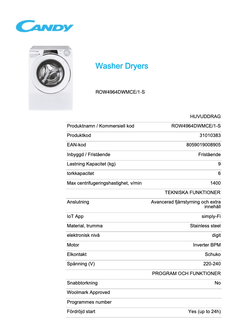 Image de la première page du manuel de l'appareil ROW4964DWMCE/1-S