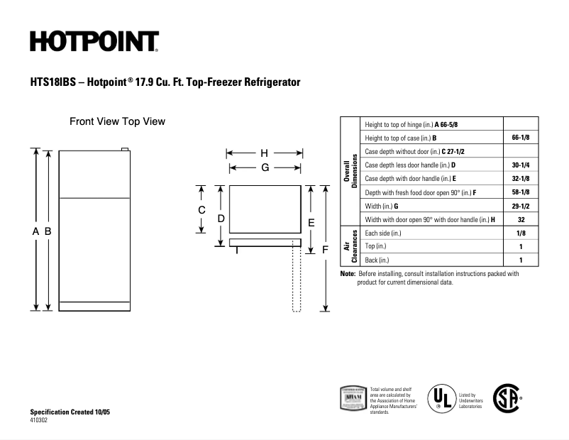 Page 1 de la notice Fiche technique Hotpoint HTS18IBSWW