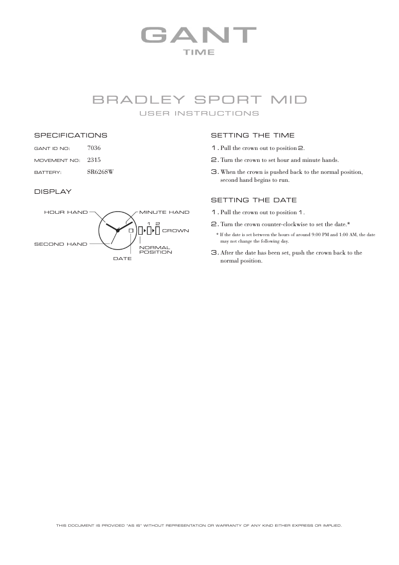 Page n°1 - Manuel utilisateur Gant Bradley Sport Mid 7036