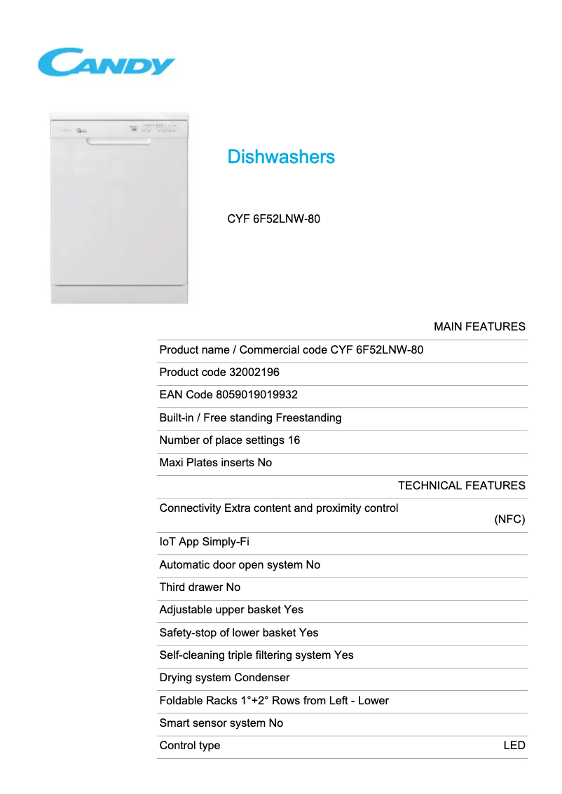 Page 1 de la notice Fiche technique Candy CYF 6F52LNW