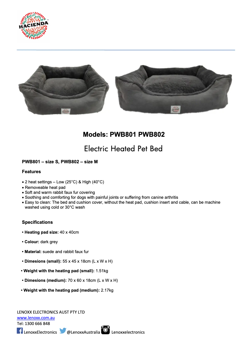 Page 1 de la notice Fiche technique Hacienda PWB802