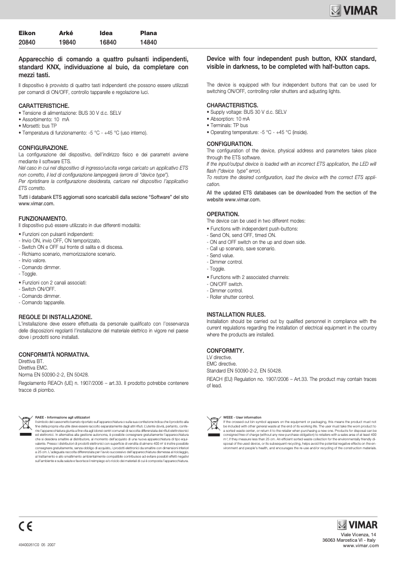 Page 1 de la notice Manuel utilisateur Vimar R20840