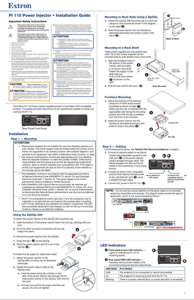 Page 1 de la notice Manuel utilisateur Extron PI 115