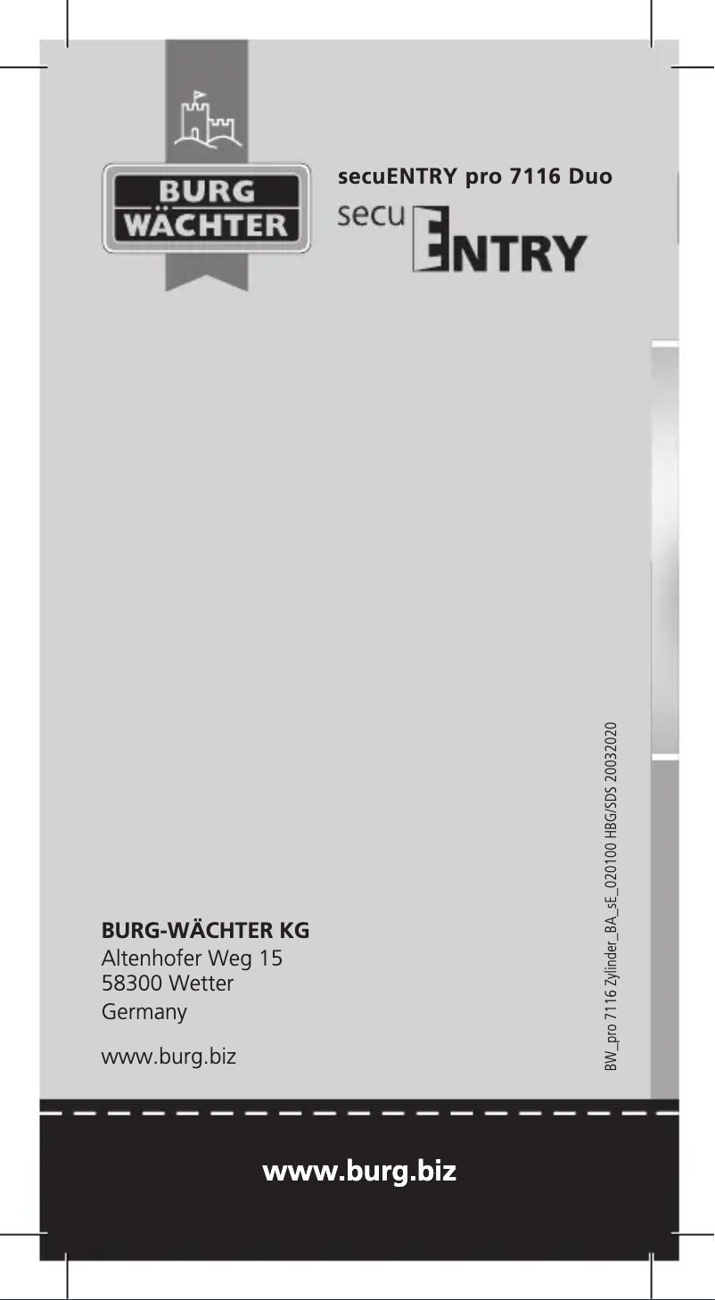 Page 1 de la notice Manuel utilisateur Burg Wächter secuENTRY 7116 DUO