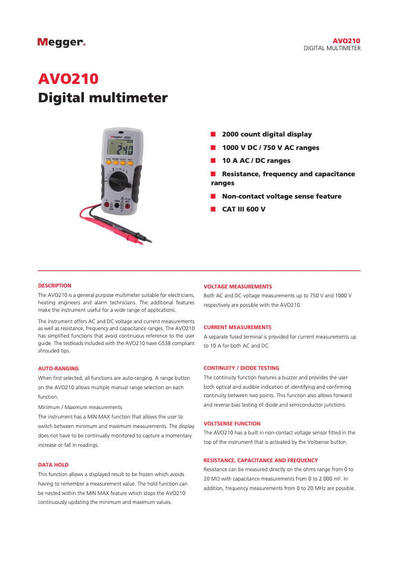 Page 1 de la notice Fiche technique Megger AVO210