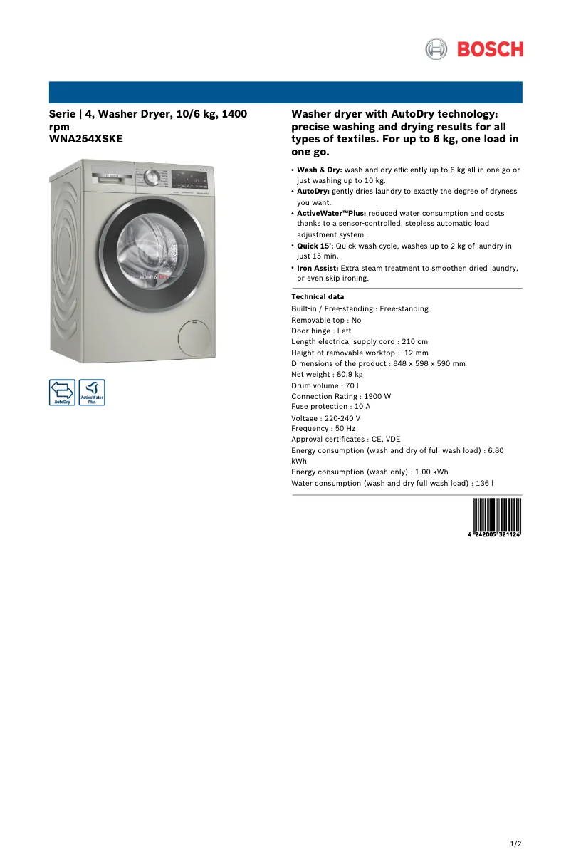 Page n°1 - Fiche technique Bosch WNA254XSKE