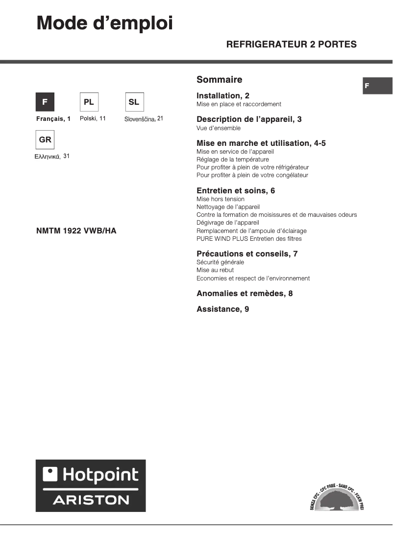 Page 1 de la notice Manuel utilisateur Hotpoint Ariston NMTM 1922 VWB/HA