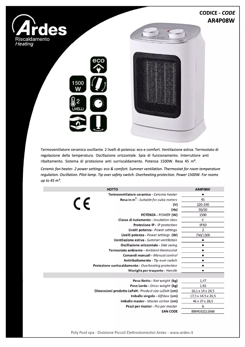 Page 1 de la notice Fiche technique Ardes AR4P08W
