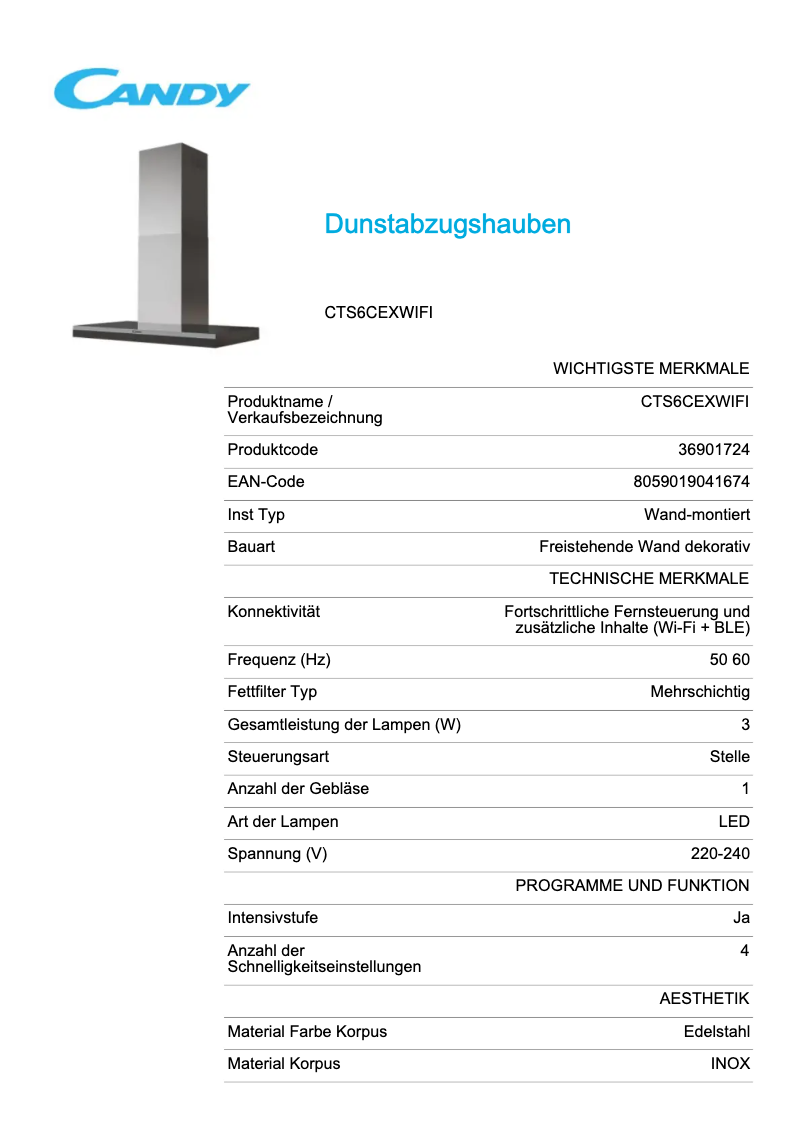 Page 1 de la notice Fiche technique Candy CTS6CEXWIFI