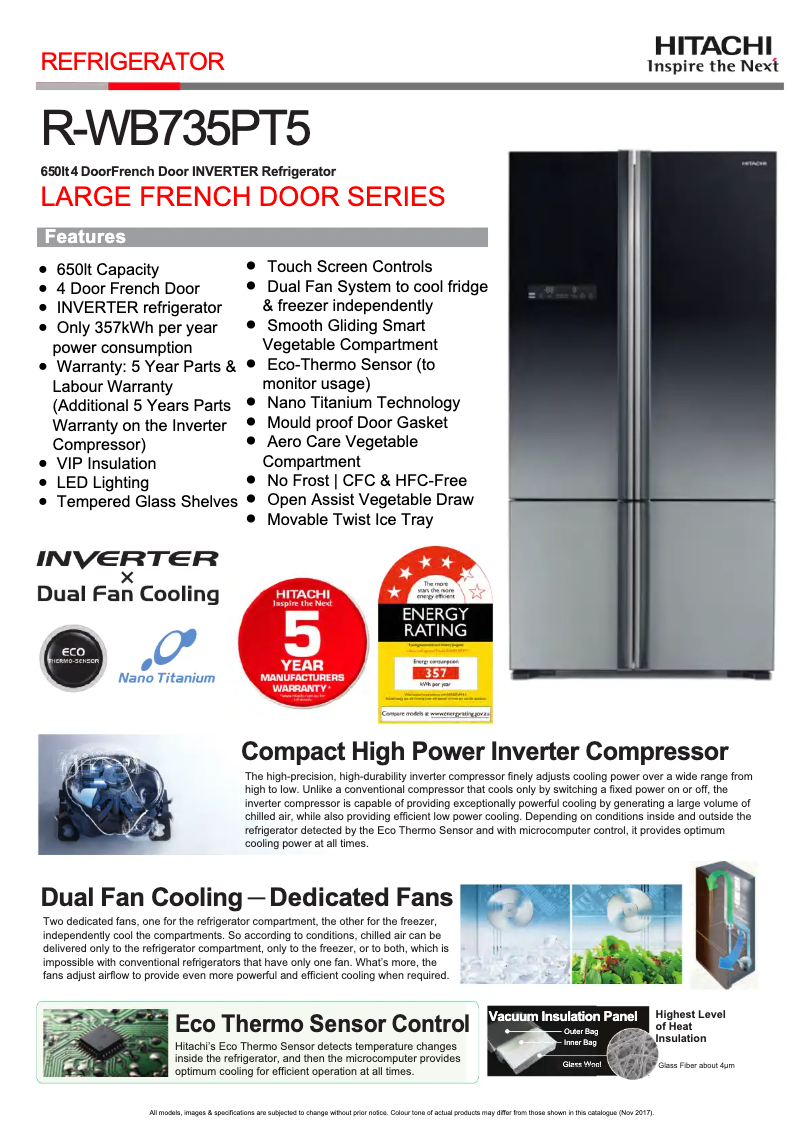 Page 1 de la notice Fiche technique Hitachi R-WB735PT5