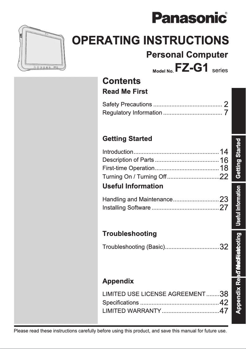 Page 1 de la notice Manuel utilisateur Panasonic Toughbook FZ-G1