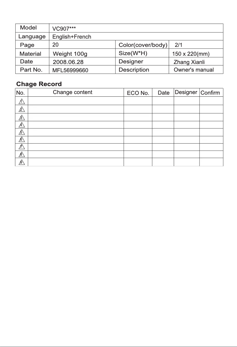 Page 1 de la notice Manuel utilisateur LG VC9073MR
