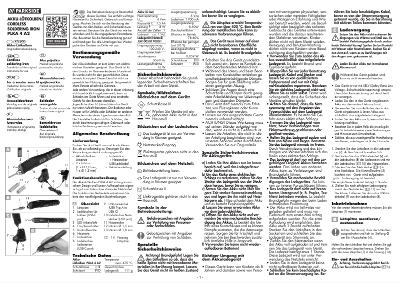 Page 1 de la notice Manuel utilisateur Parkside PLKA 4 A2