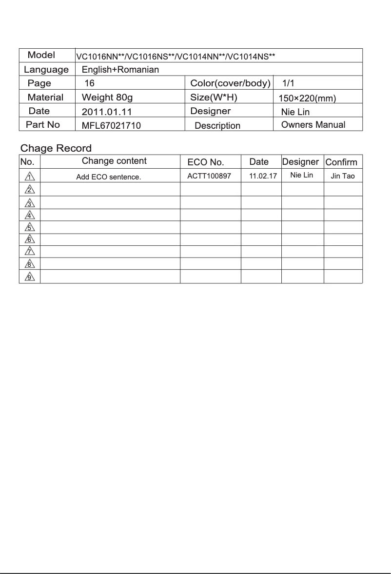 Page 1 de la notice Manuel utilisateur LG VC1016NST