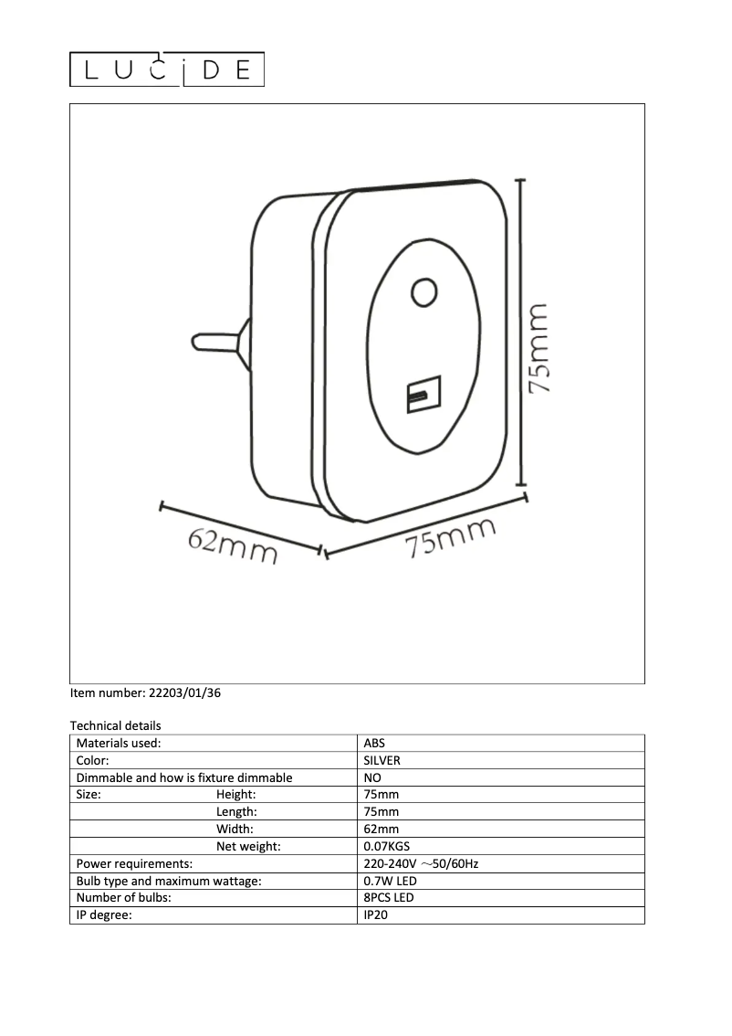 Page n°1 - Manuel utilisateur Lucide Led night light 22203/01/36